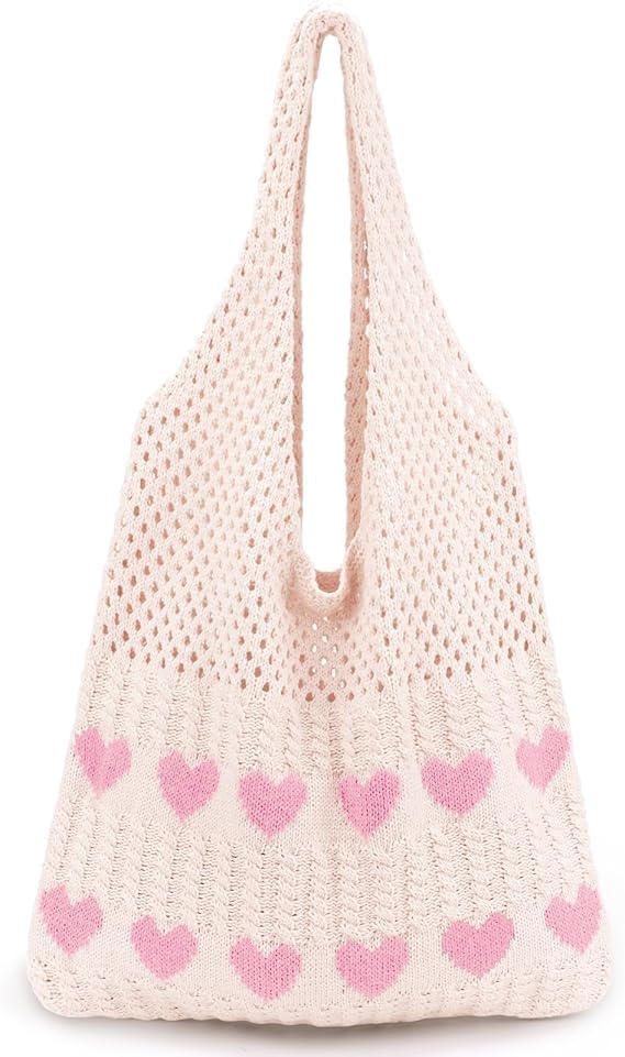 Cute Tote Bag For Women - Heart Pattern Beach Bags For Women Stylish For Office, Travel, Shopping - Women Tote Bags Handmade Crochet Bag For Girls - Pink