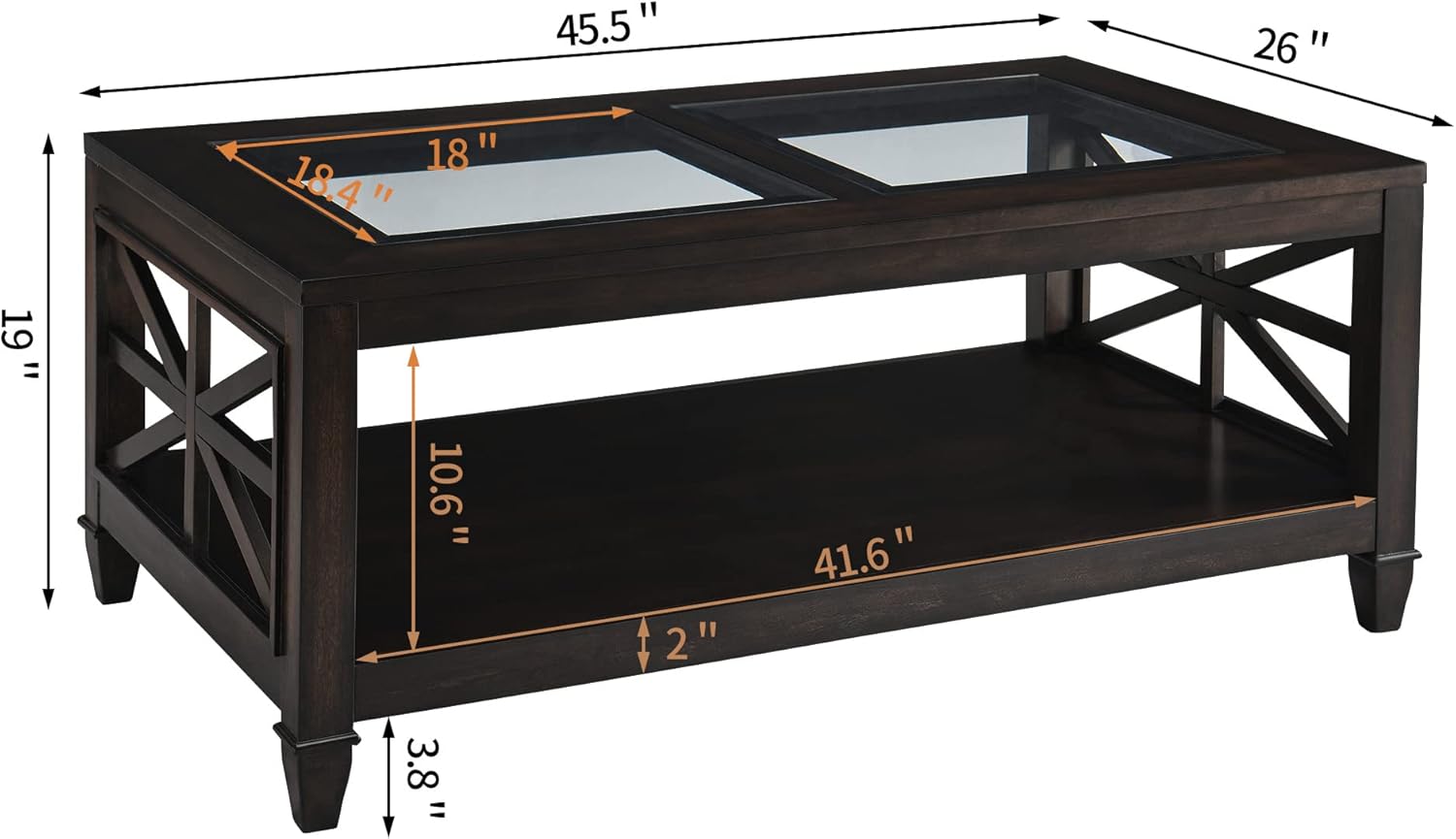 Solid Wood Rectangle Coffee Table with Tempered Glass, 2-Tier Wooden Cocktail Table Rustic Country Espresso Center Table Large Dual Glass Coffee Table with Storage Shelf for Living Room, 45.5x26x19in