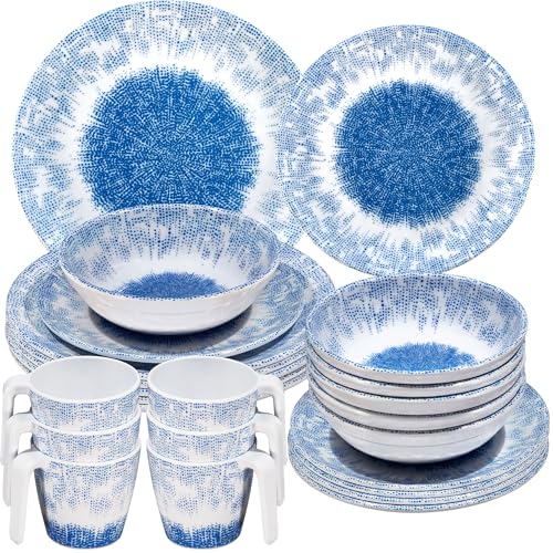 Vaisselle de camping en mélamine bleue finition faïence pour garden party élégante