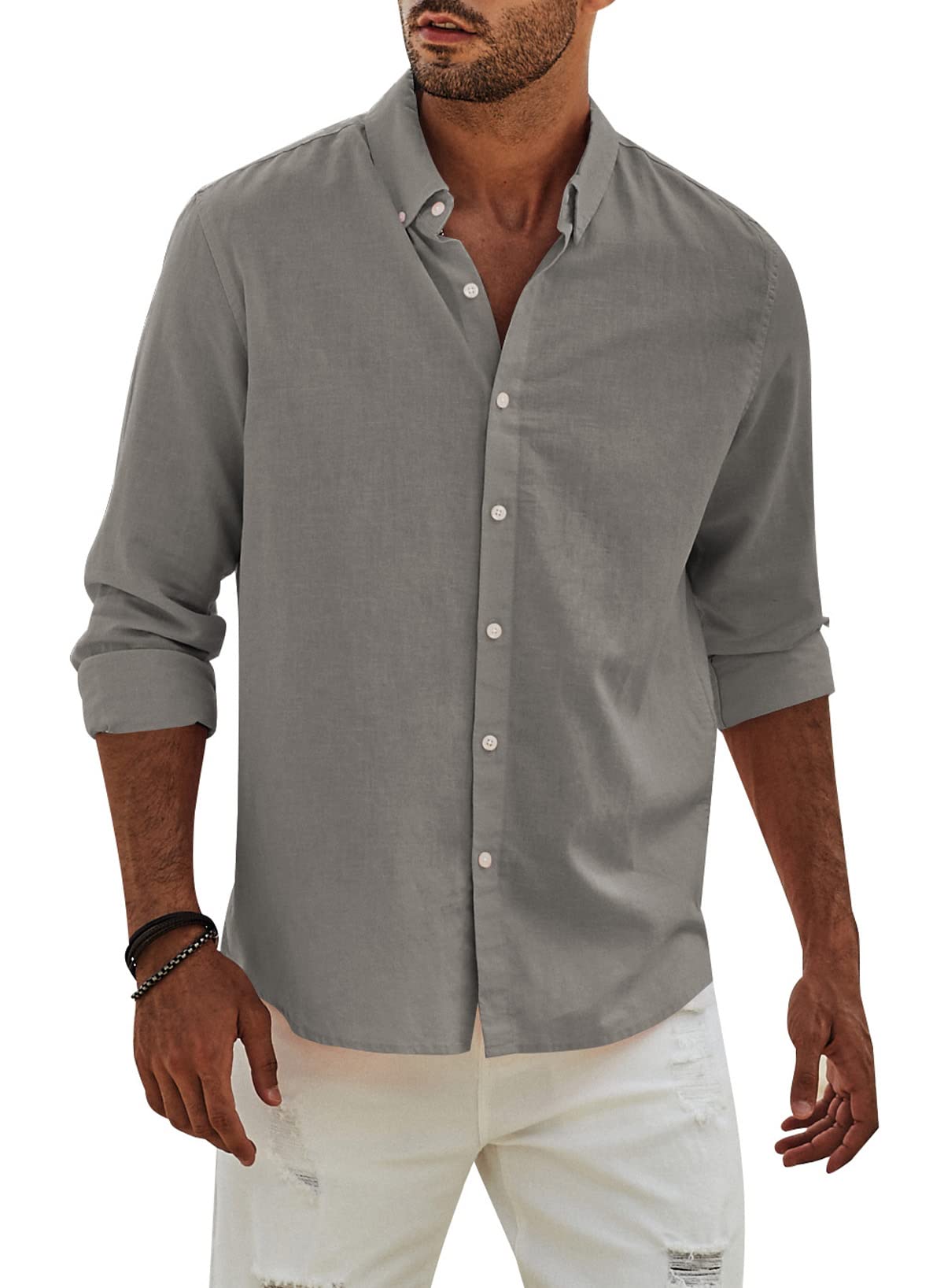 APOONABA Camisa Lino Hombre Manga Larga Color Sólido Shirts Casual Algodón Camisetas Elegante Coton Camisas con Botónes Regular Fit