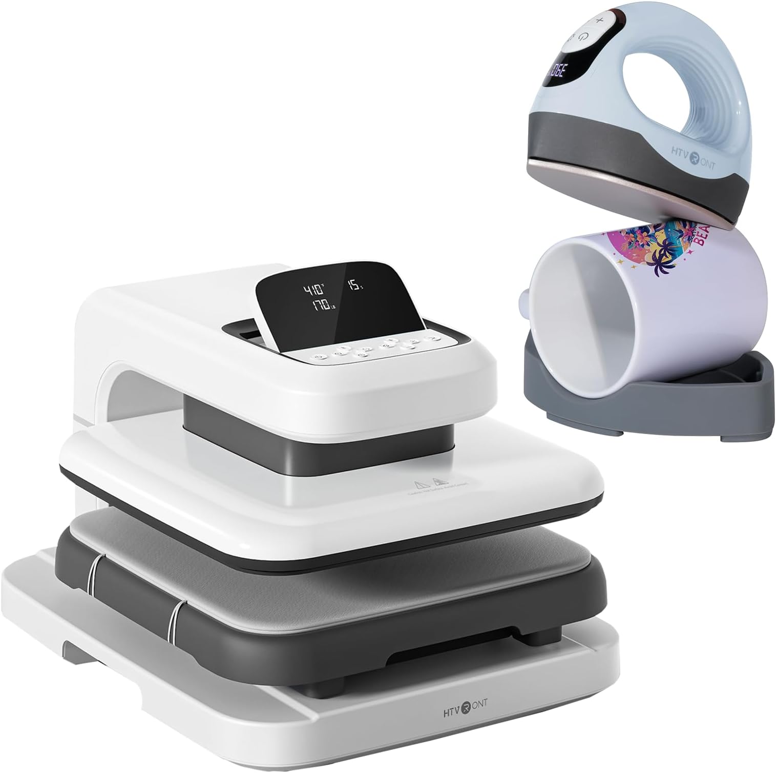 HTVRONT Automatic Heat Press 2 & Mini Heat Press Bundle - White Automatic Heat Press Machine 15" x 15" 110V + 3 in 1 Heat Press Machine for T-Shirts