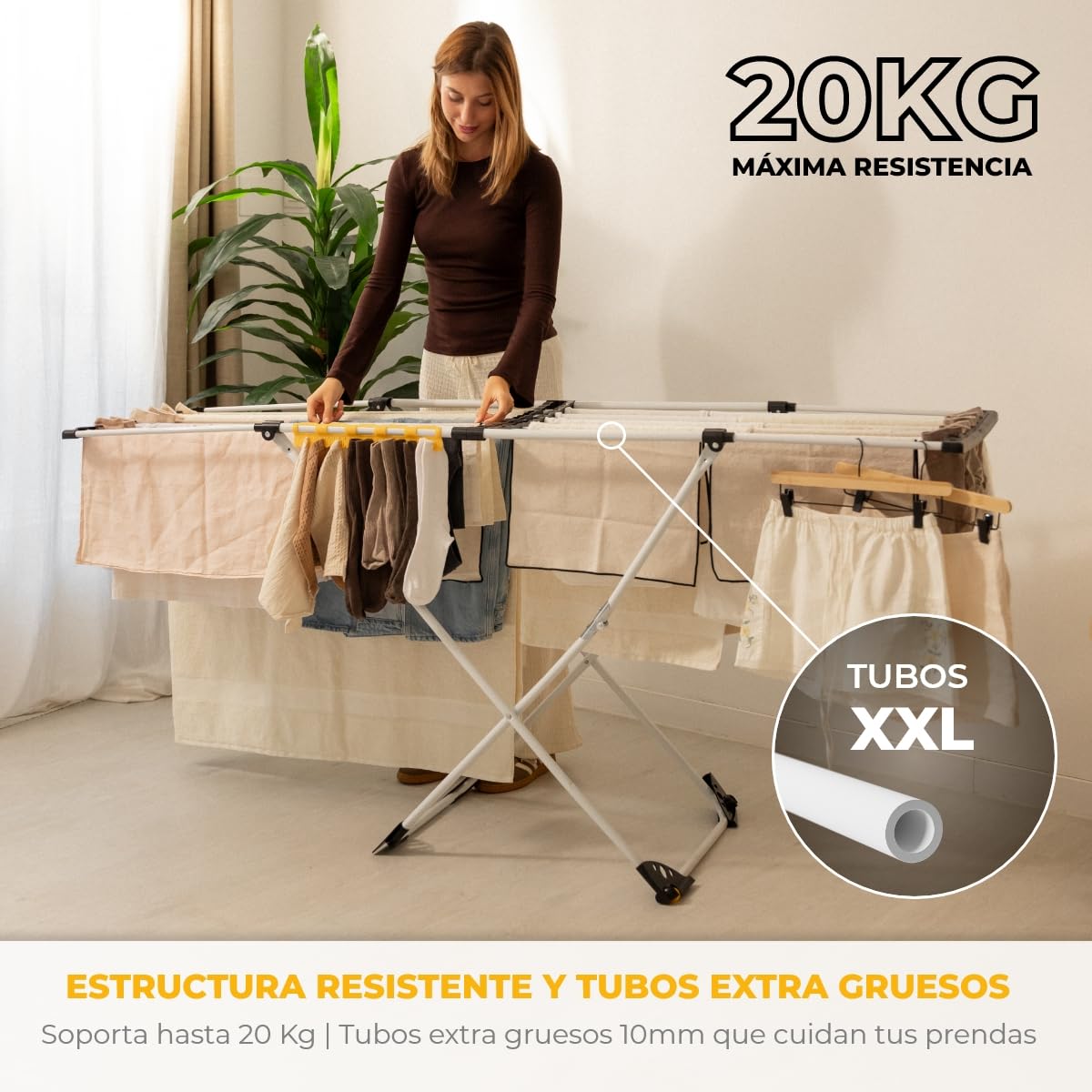 Newlux-Tendedero Extensible Expansion V25 Telescópico 21m Capacidad (189x57x92,5cm), Estructura Super Estable, Barras XXL Extra Gruesas. Tendedero Plegable con Ruedas y Soporte para Calcetines, Blanco