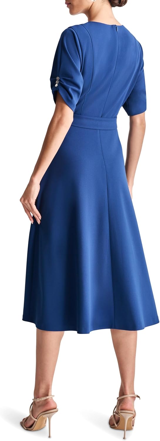 DKNY Womens Short Ruched Sleeve Jewel Neck Midi Dress with Removable Belt - Image 4