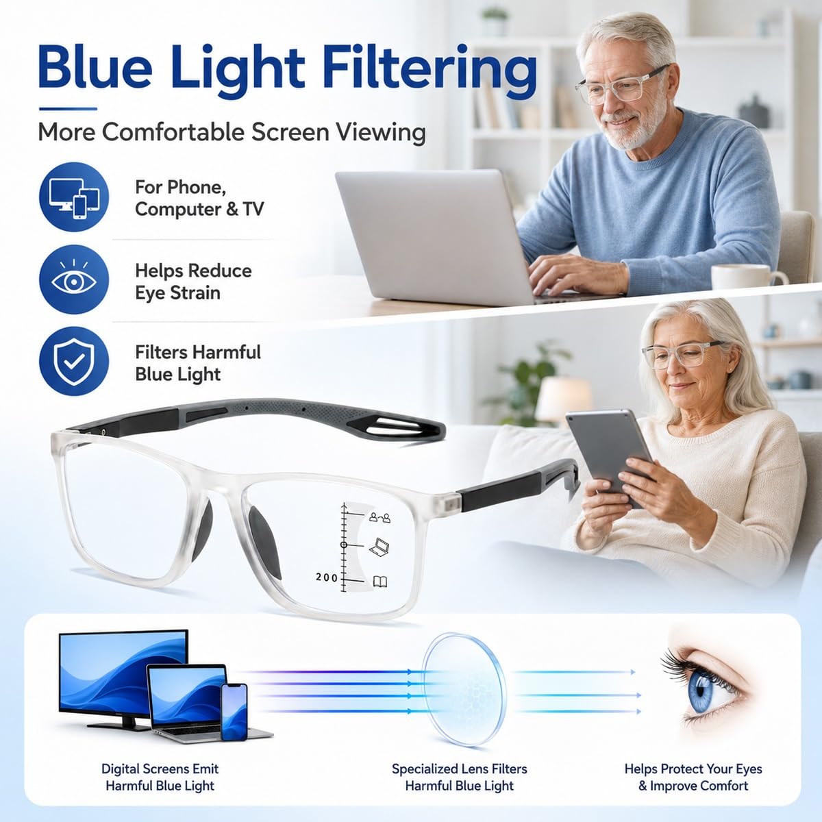 Generisch 3er-Pack Selbsttönende Multifokale Lesebrille, Gleitsichtbrille für Damen Herren, Blaulichtfilter Computerbrille mit Etui