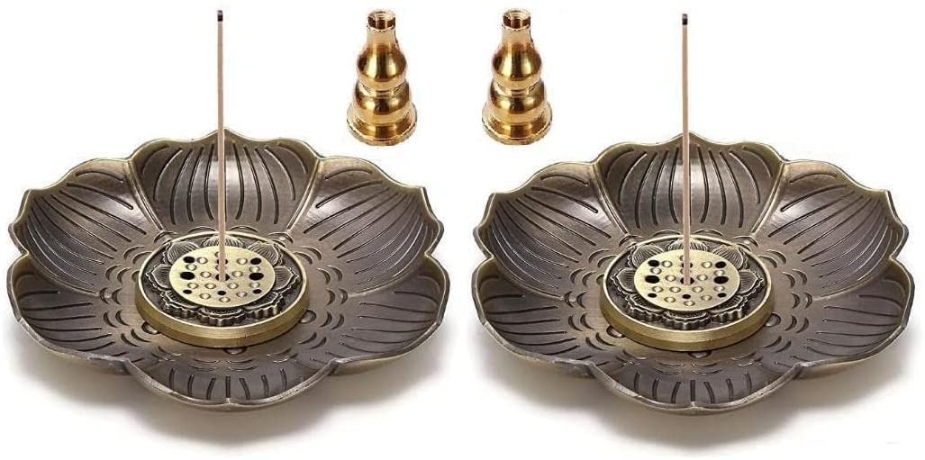 1Sourcetek 03A Bronze 2Pcs Incense Burner Plate, Lotus Incense Holders With Bracket For Stick Incense, Cone Incense (03A Bronze)