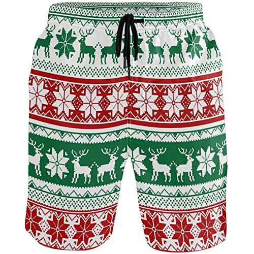 visesunny Reindeer Knitted Christmas Pattern Men's Swim Trunks Quick Dry Bathing Suits Beach Holiday Party Swim Shorts