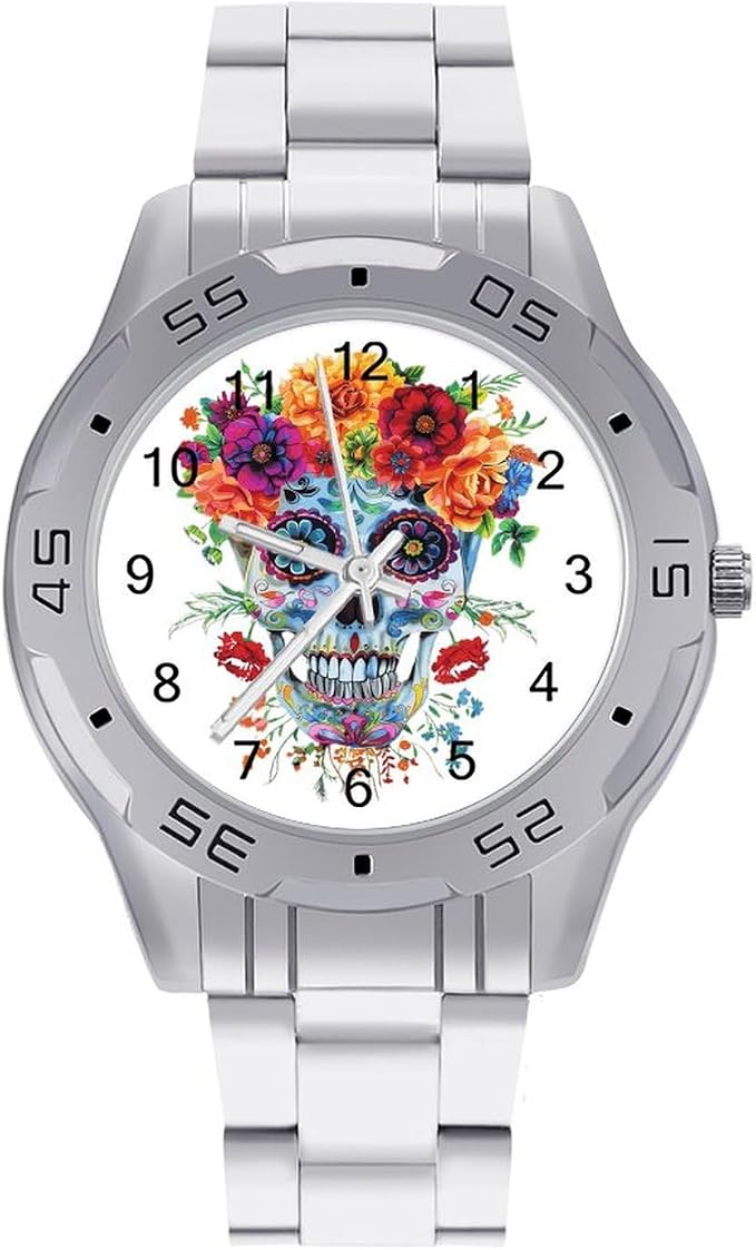 Day of The Dead Sugar Skull Men's Business Watch Fashion Stainless Steel Wristwatches Custom Easy Read Watches for Women