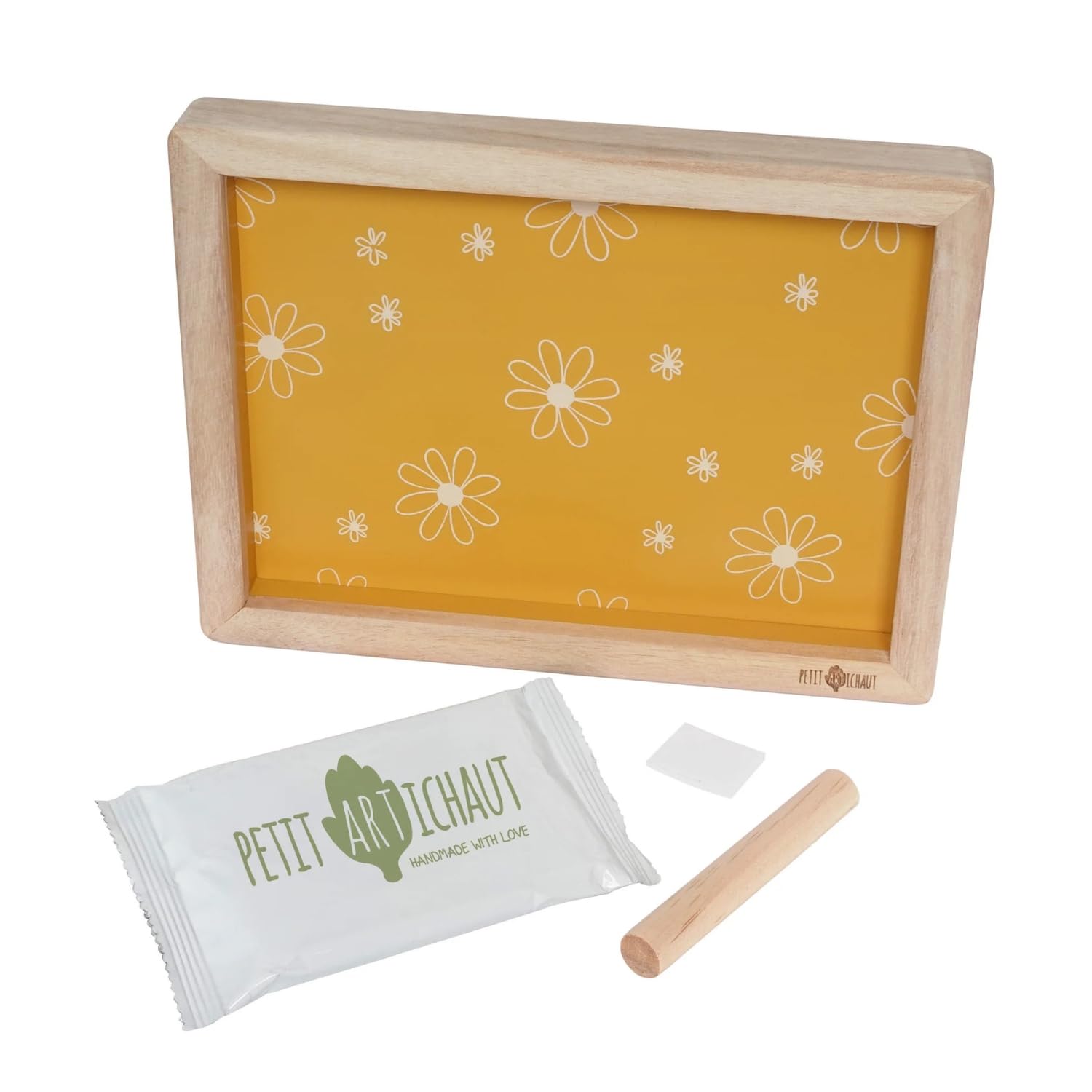 Marco de fotos clásico con kit de huellas para niños (ocre margarita) - Fondo reversible, arcilla hipoalergénica, rodillo - marco de fotos para colgar en la pared para huellas de