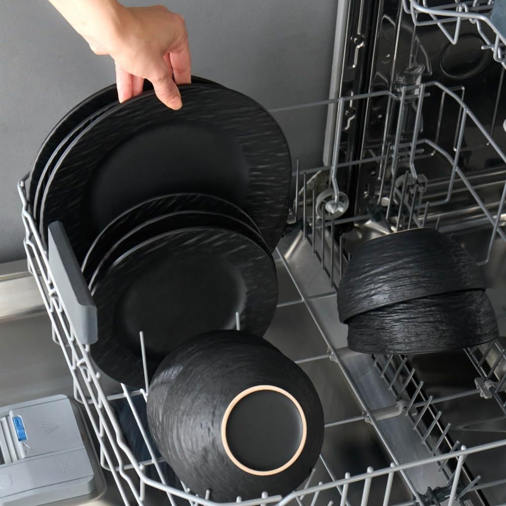 Karaca Solem Embossed Ensemble de Assiette et de Bols en Grès, Service de Table Noir, Vaisselle en Grès, Vaisselle Idéale pour les Repas de 6 Personnes, 18 pièces