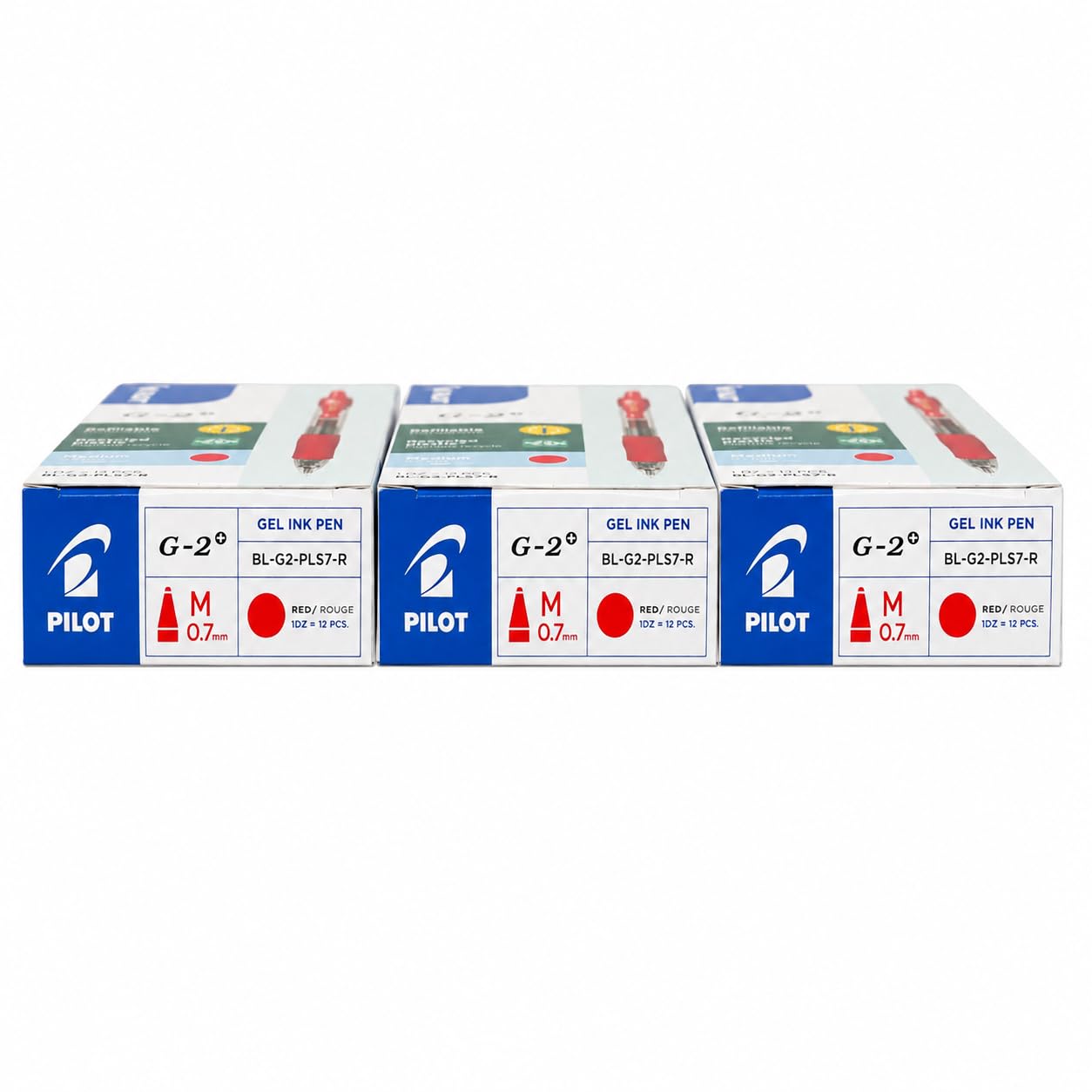PILOT G-2+ Lot de 3 boîtes de 12 stylos à encre gel rechargeable Rouge 0,7 mm BL-G2-PLS7-R