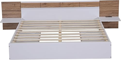 Miniatura 7 de Cama de plataforma de tamaño Queen con cabecero y cajones, marco de cama de plataforma de madera maciza con estantes, puertos USB y enchufes, marco