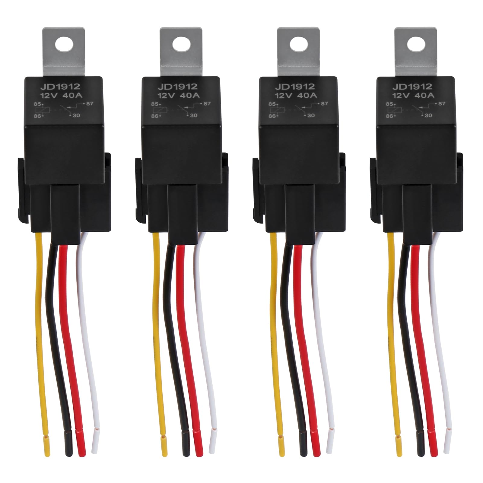 4Pack JD1912 Car Relay Harness 12V 40A 4 Pin SPST 12AWG Harness Sockets with Color-Labeled Wires for Automotive Truck Van Motorcycle Boat Switches