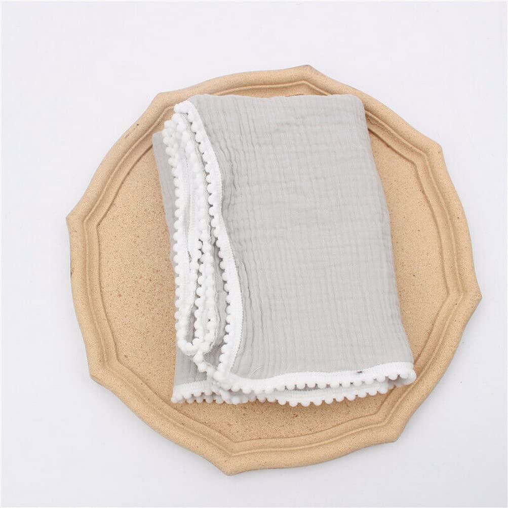 asky Baby Sleeping Blanket Muslin Cotton Pom Balls Swaddling Stroller Wrap Towel 80 * 65cm (Gray)