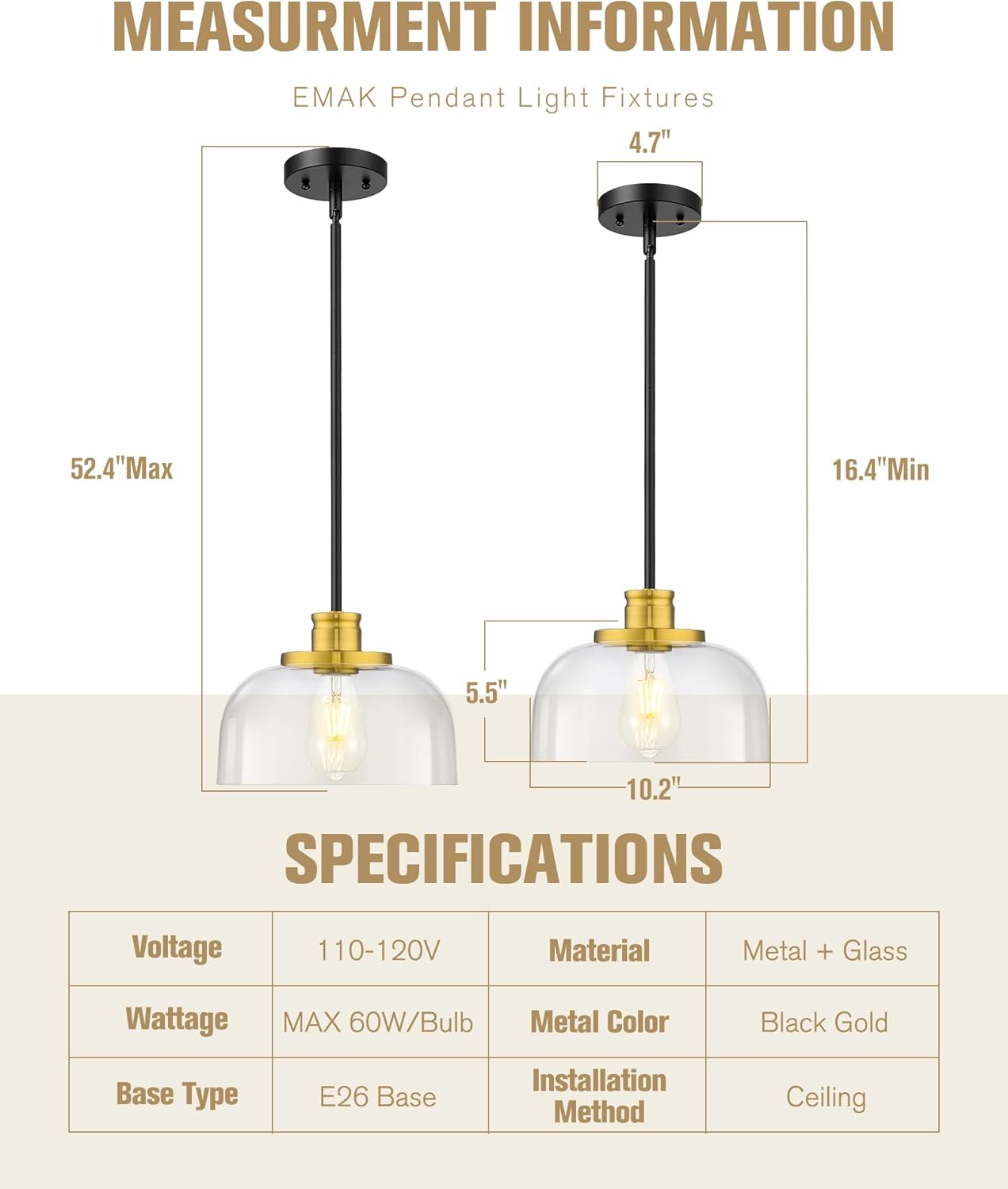 Emak Black and Gold Pendant Lights, 10 Inch Large Pendant Light Fixtures with Clear Glass Shade, Modern Farmhouse Island Lights for Kitchen, Dining Room, Bathroom, Bar, PL131-BKBGD-CG