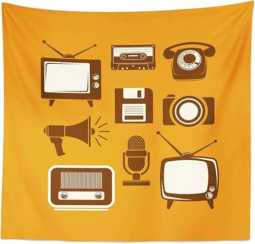 Miniatura 6 de Ambesonne TV Show Tapestry Twin Size, Retro Electronic Media Megaphone Radio Telephone Cassette, Wall Hanging Bedspread Bed Cover Wall Decor, 68" X