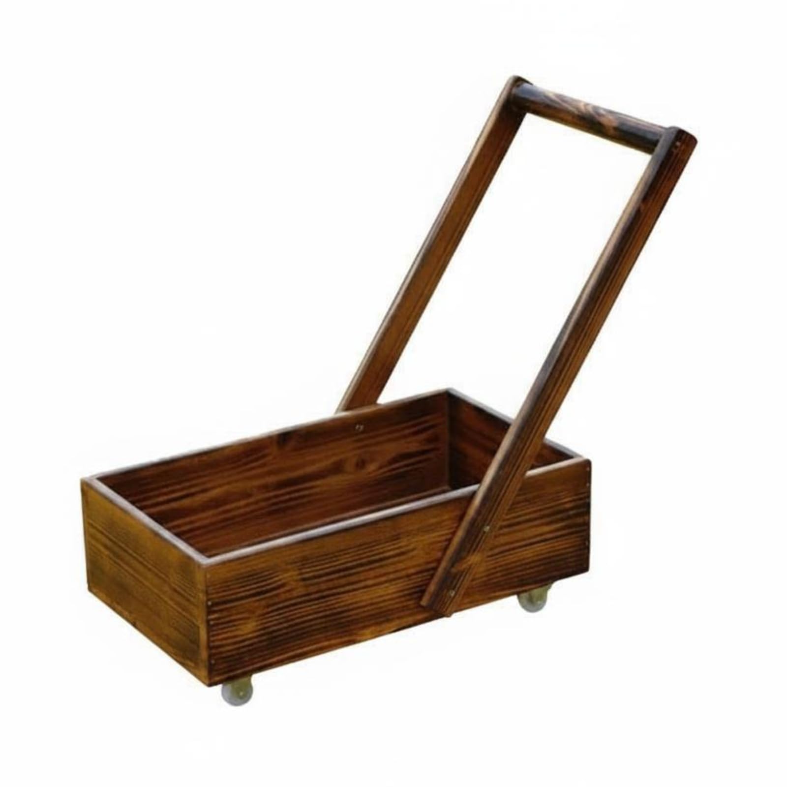 Carrello in Legno Carbonizzato Ruote Girevoli Carretto Miniatura con Manico Struttura Robusta Giocattolo da Trainare per Età Prescolare, Esterno