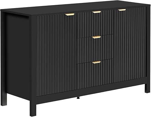 Vista 32 de Armario de buffet acanalado de 55 pulgadas con almacenamiento, puertas y asas doradas, armario moderno de madera con cajones para sala de estar