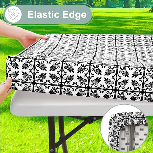 Image of misaya Picnic Table Cover with Bench Cover, Waterproof Elastic Fitted Tablecloth for 6 Foot Tables, Rectangle Washable Polyester Tablecloths for Picnic, Camping, Outdoor (Black, 30 inch x 72 inch)