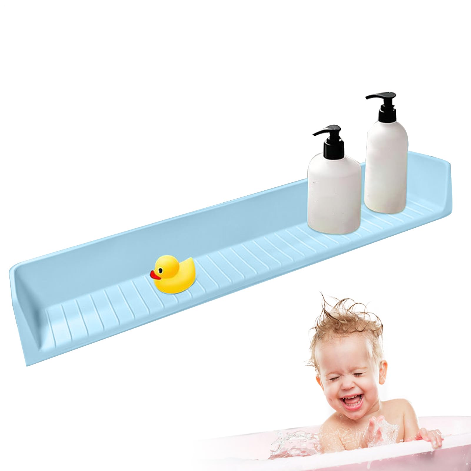 Bathtub Splash Guard, Silicone Toy Tray, Suction Cup Base Design, Water Splash Prevention, for Sink Vanity Bathroom Use,80x11.5x7.9cm/31.5x4.53x3.11 Inches, Gray, 1 Piece