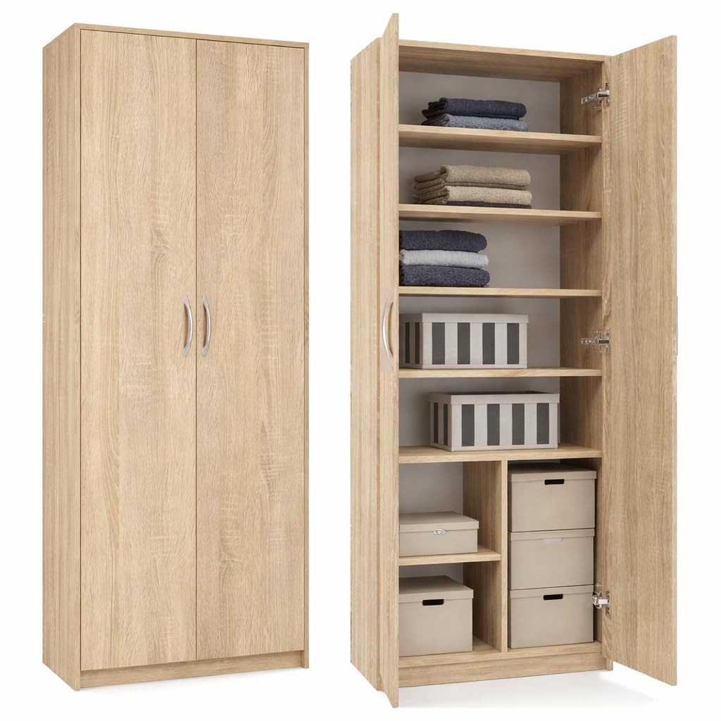 Armoire Multi-usages avec 2 Portes et 8 Compartiments - Bibliothèque - Armoire de Bureau - Armoire de ménage - 180 x 74 x 35 cm (Sonoma)