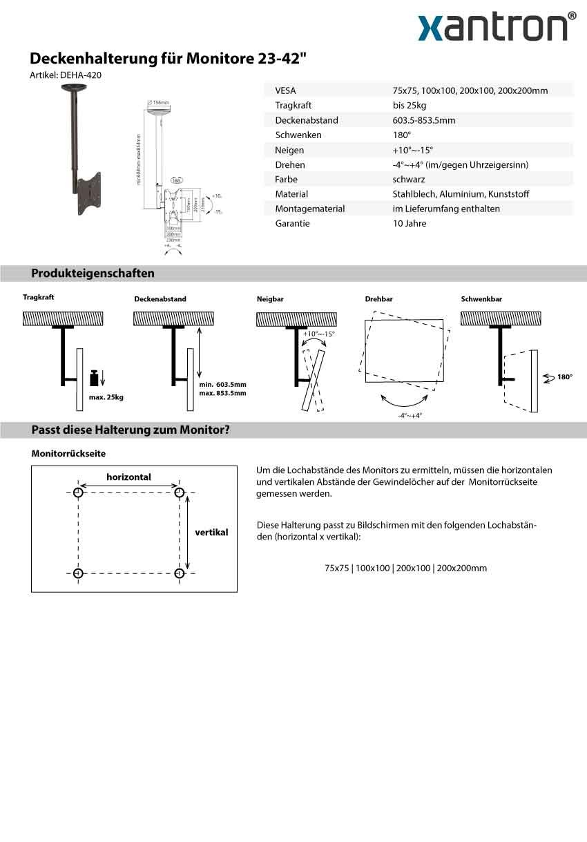 Xantron DEHA-420 - Supporto da soffitto per monitor TV da 23 a 42", orientabile, inclinabile