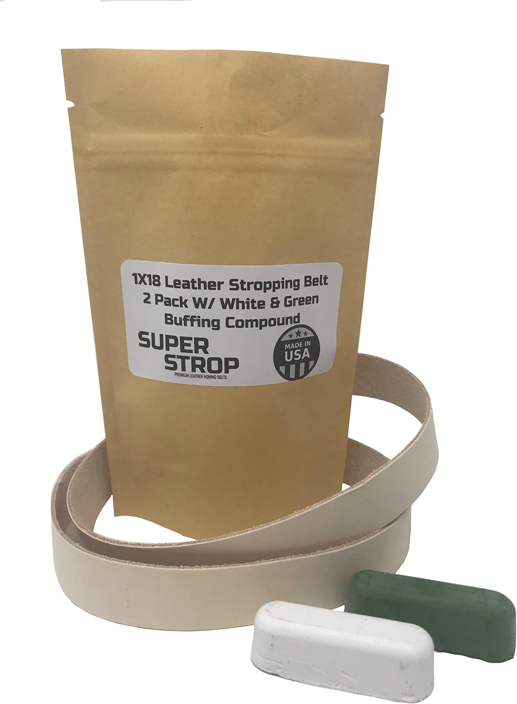 1X18 inch SUPER STROP 2 Pack Leather Honing Stropping Belt Fits Ken Onion Blade Grinding Attachment By Work Sharp with White and Green honing compound
