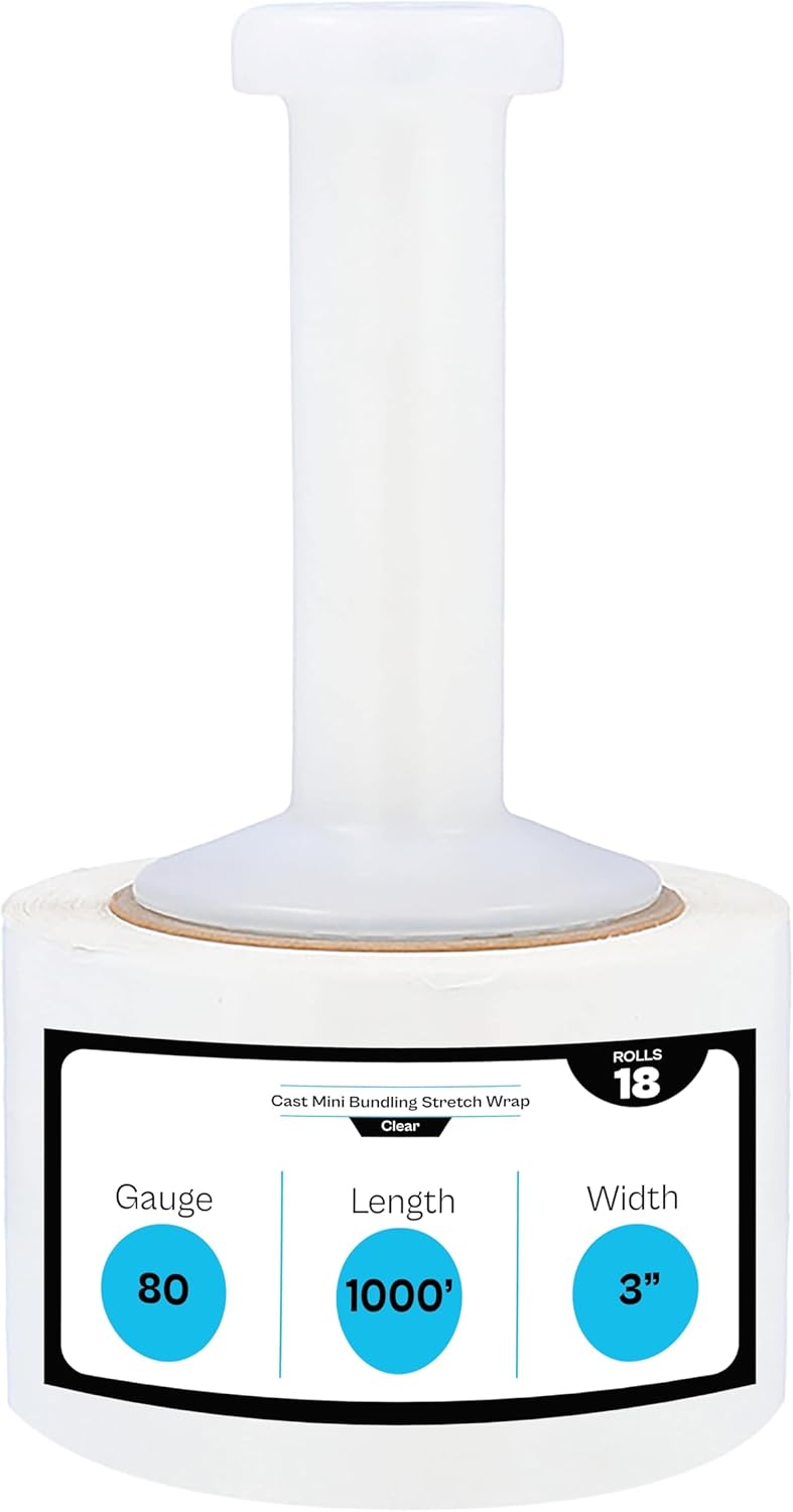 MMBM Clear Mini Stretch Wrap with One Plastic Handle, 18 Pack, 3 Inch x 1000 Feet, 80 Gauge, Industrial Plastic Cling Film Rolls for Packing Wrapping Moving