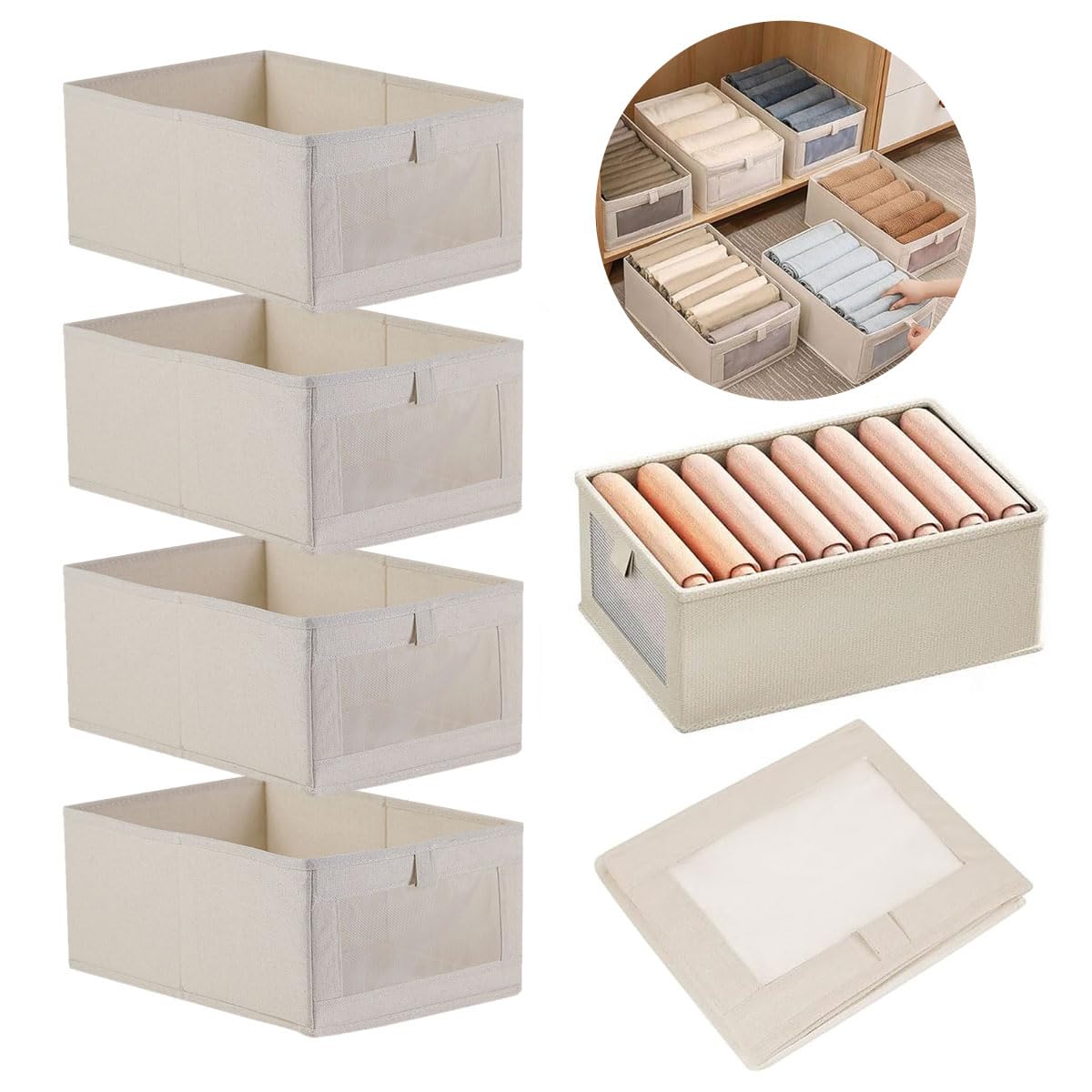 ECVV 4 Pack Wardrobe Clothes Organizer Foldable Closet Storage Bins with Clear Window Large Storage Boxes Baskets for Organizing Clothing Jeans Shirts Toys Books