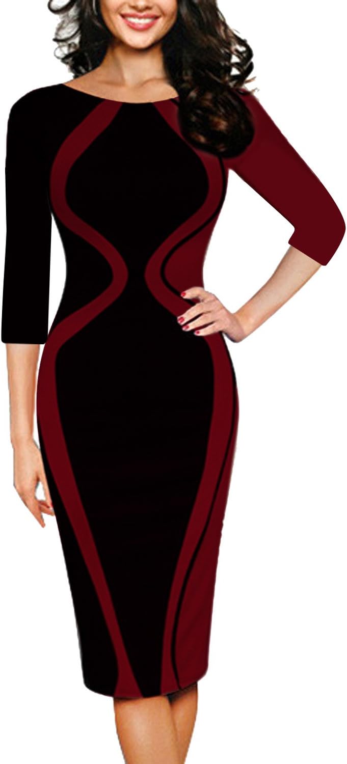 MABELER Women Colorblock Optical Illusion 3/4 Sleeve Cocktail Work Pencil Dress Burgundy S
