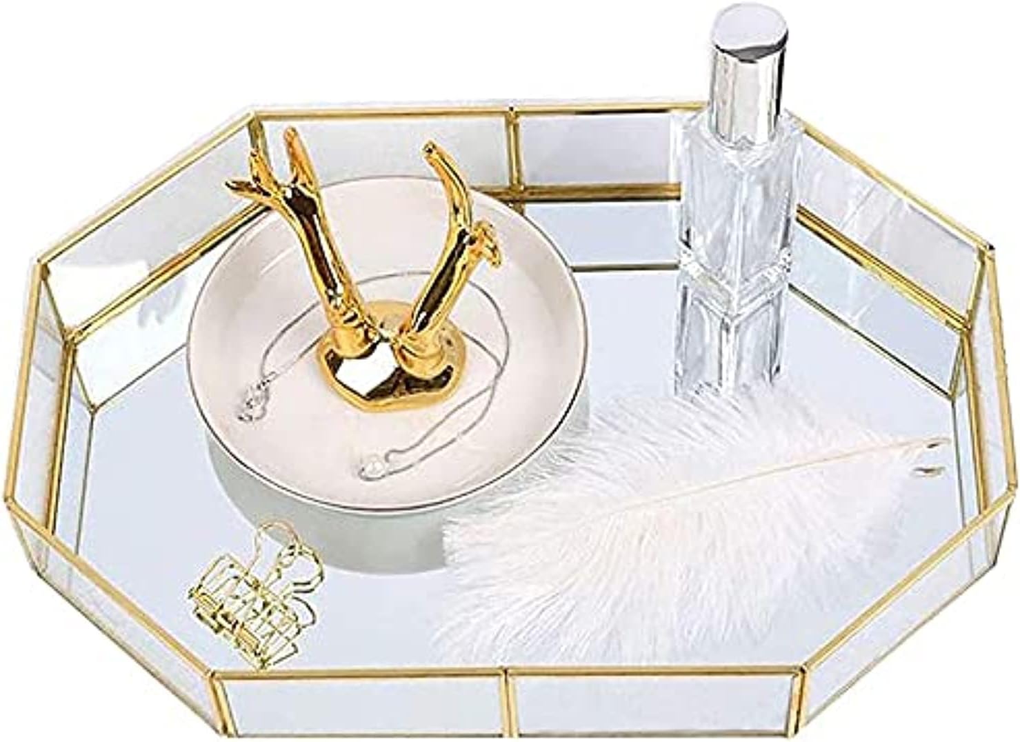 Decorative Metal Mirror Catchall Tray, Glass Vanity Tray, Dresser Tray, Jewelry Display Tray, Vanity Organizer for Accent Table, Gold Leaf Finish, 12.4x8.5x2 inches (Polygon)