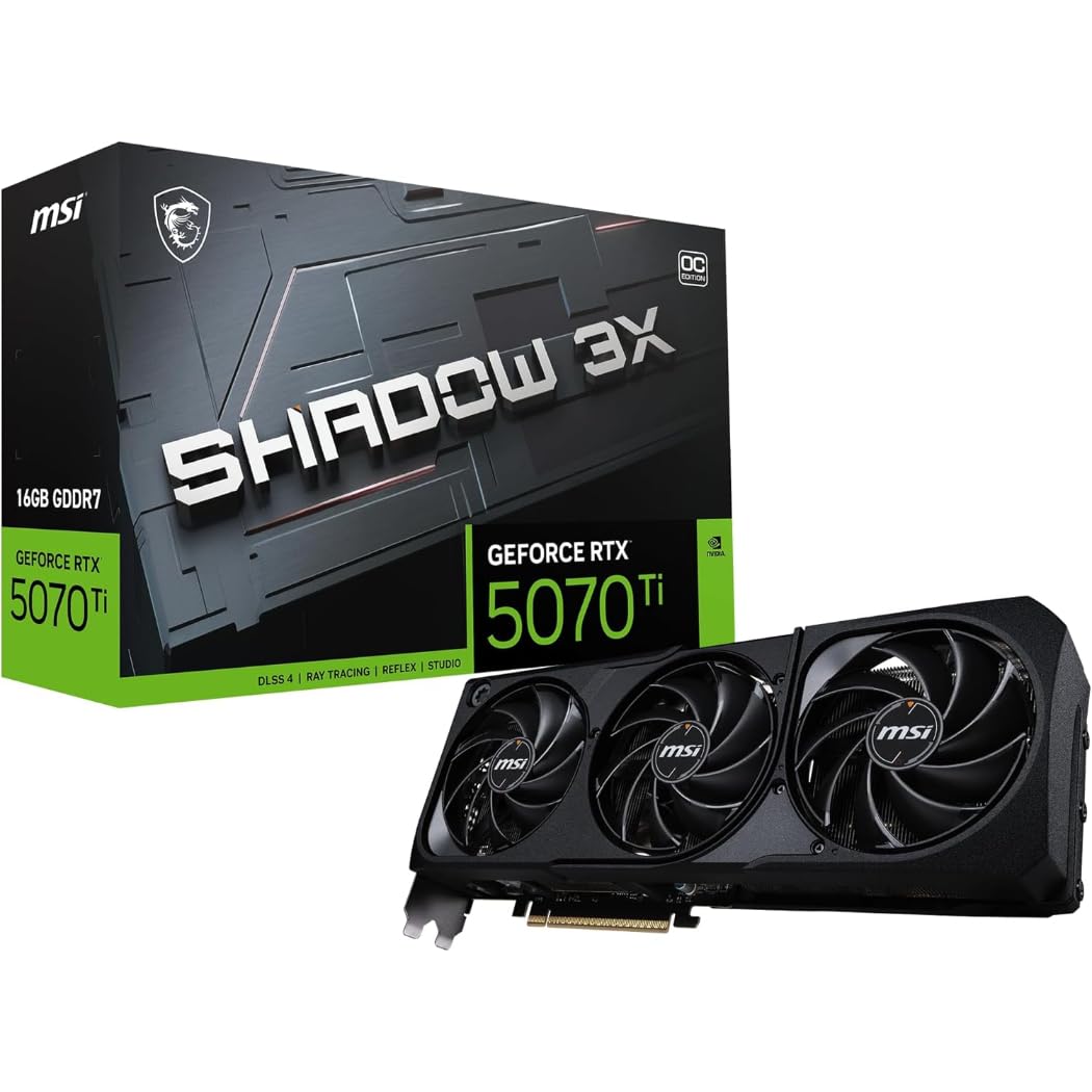 msi Tarjeta gráfica GeForce RTX 5070 Ti Shadow 3X OC, 16 GB GDDR7, 28 Gbps, 256 bits, 1406 AI Tops, DLSS 4, creación de contenido IA, inferencia LLM local, DP 2.1b x3, HDMI 2.1b, con soporte para GPU