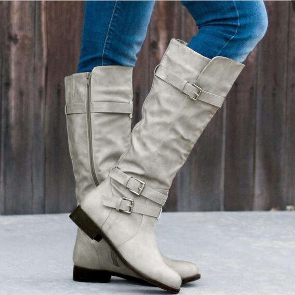 Botas hasta la Rodilla de Moda para Mujer Botas de Montar para Mujer Botas Ligeras para Caminar Botines con Hebilla de cinturón de Color sólido con Estilo Zapatos cómodos y cálidos con Cremallera