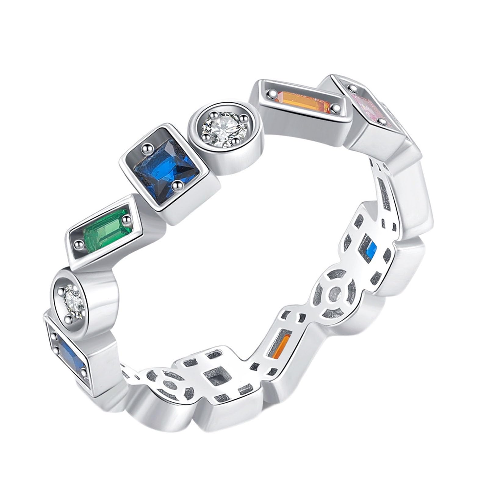 Anello Nuziale, Donna Oro Bianco Intarsio di Forma Geometrica con Pietre preziose Colorate
