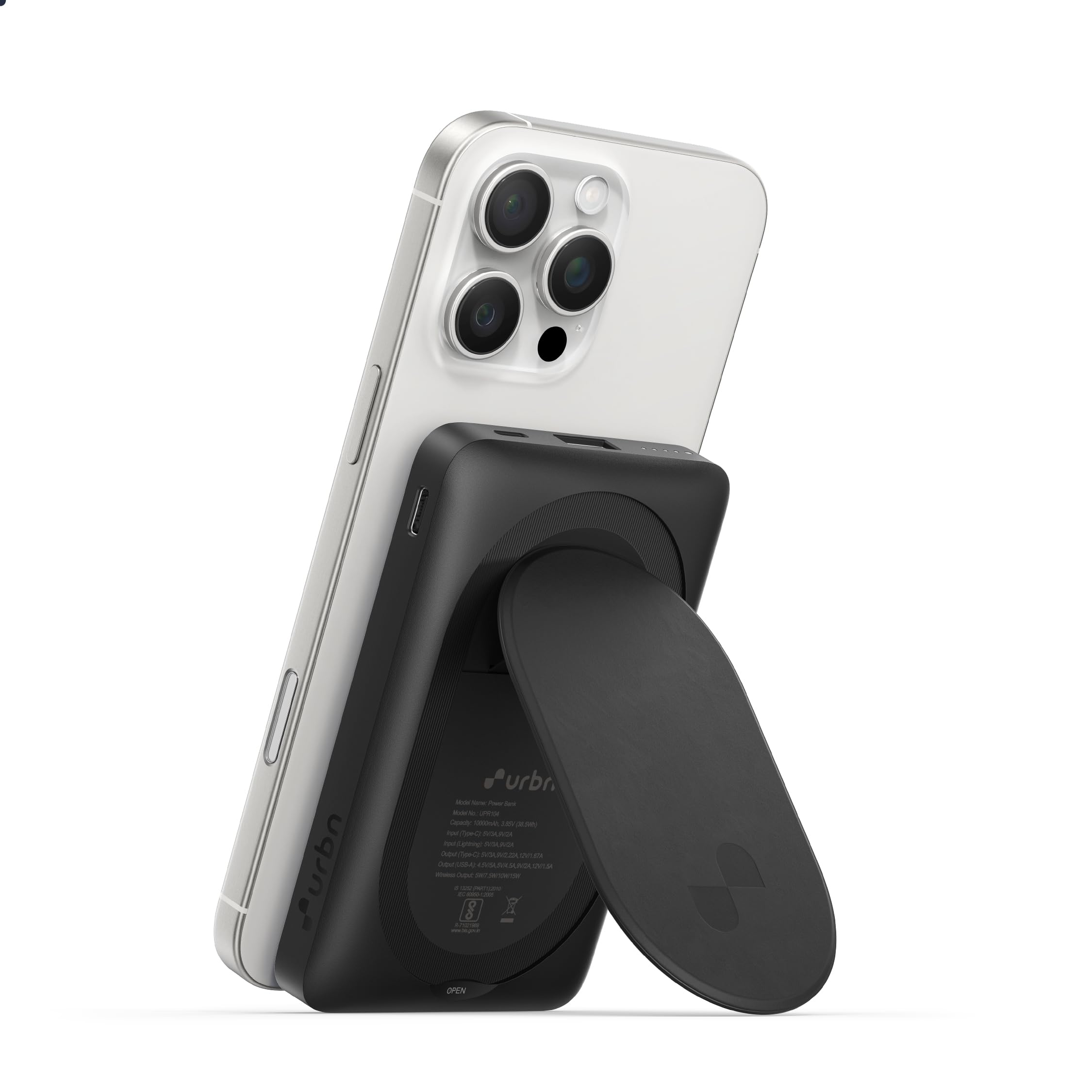 URBN 10000mAh Sleek MagSafe Power Bank with Kickstand | 15W Fast Wireless & 20W Wired Charging | Strong Magnetic Hold | Dual Input (Type-C & Lightning) | Triple Output | Pass-Through Charging (Black)-image-33