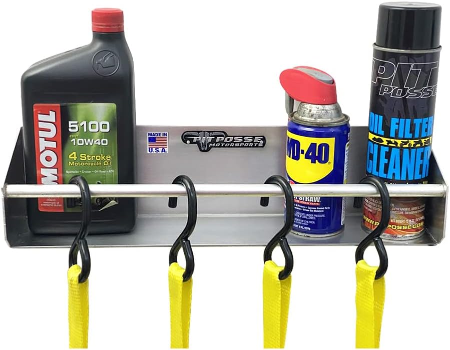 Pit Posse 465 Tie Down Hanger Holder Aluminum Wall Mount Rack Shelf for Race Trailer Garage Shop Storage Organizer- Made in USA-Holds Tie Downs, Ratchet Straps, Bungee Cords, Aerosol Cans, Oils