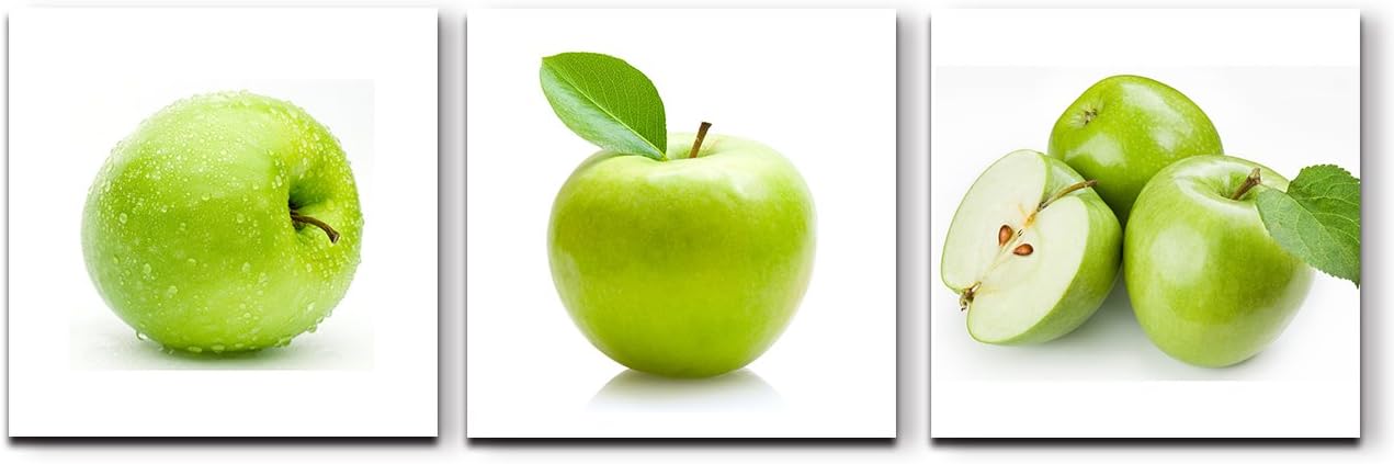 Groups of Green Apples Painting on Canvas 3 Panel Wall Art Contemporary Pictures Fruits Design Elegant Life Prints Framed Ready to Hang-24x24 inches x 3pcs