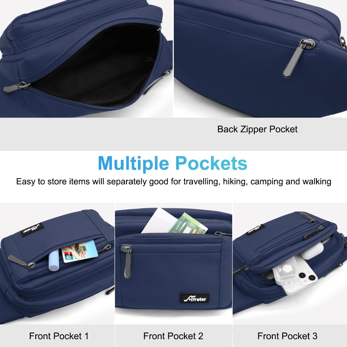 REETEE Waterproof bumbags for Ladies Men Fashion Bum Bag with Adjustable Belt and 5 Zipper Pockets Large Capacity Fanny Pack Waist Bag for Outdoors Sport - Image 4