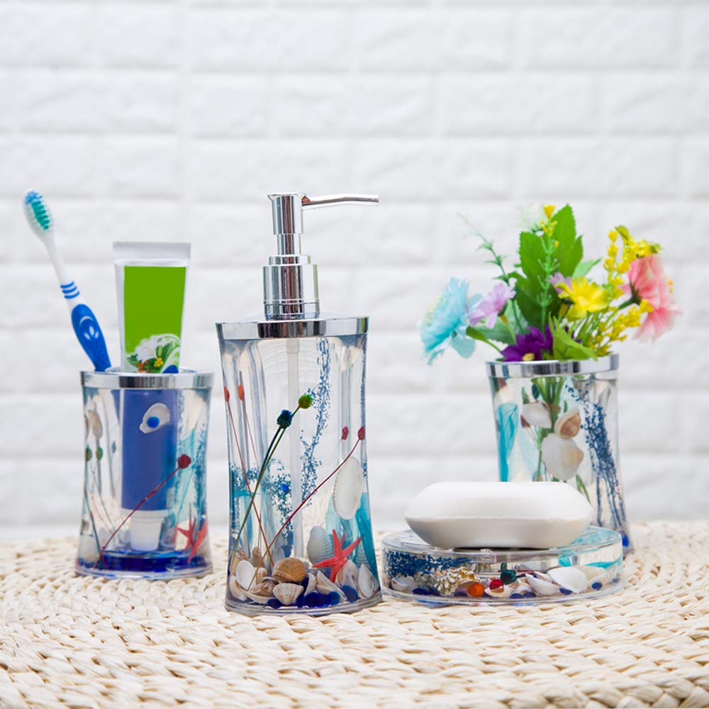 Acrylic Bathroom Accessories Set of 4 with Soap/Lotion Dispenser Toothbrush Holder Tumbler Tooth Mug and Soap Dish with Purple Flowers and Blue Sea Shell (Bathroom Accessories Blue Sea Shell)