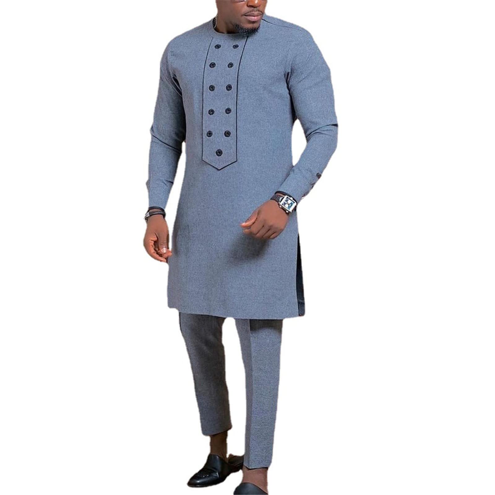 Rxears Men's # 18 African Long Sleeve Kurta 2 Piece Set Dashiki Shirt + Pants Outfit Dress Suit Traditional Tracksuit