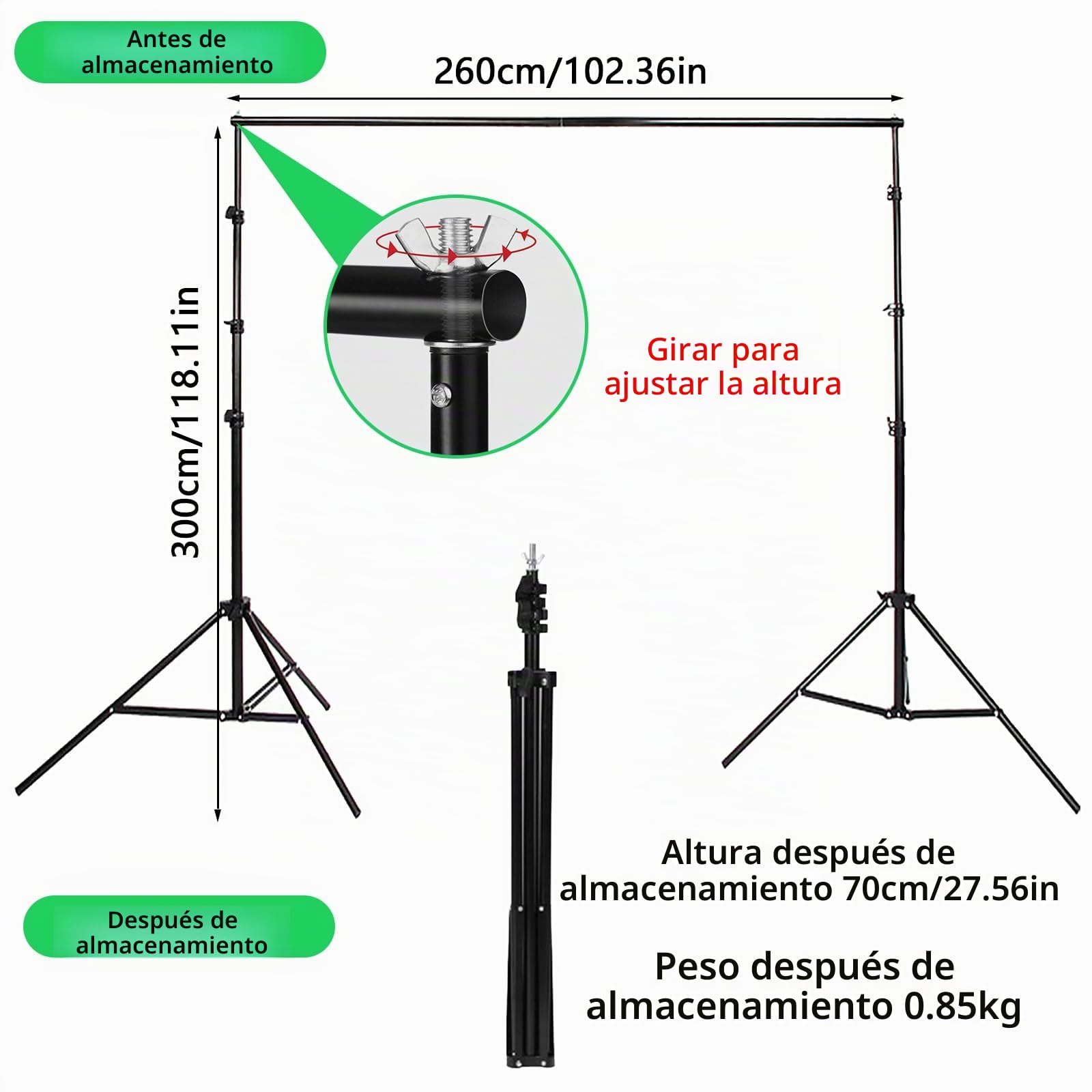 Green Screen con Soporte, Pantalla Verde (3 x 3 m) con Soporte de Fondo Ajustable (2,6 x 3 m) y 4 Abrazaderas de Fondo para Toma de Fotos Transmisión de Video de Juegos