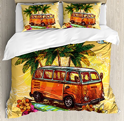 Best Cyber Deals 🔥 Ambesonne Surf Duvet Cover Set, Hippie Classic Old Bus with Surfboard Freedom Holiday Exotic Life Sketchy Art, Decorative 3 Piece Bedding Set with 2 Pillow Shams, Queen Size, Yellow Orange