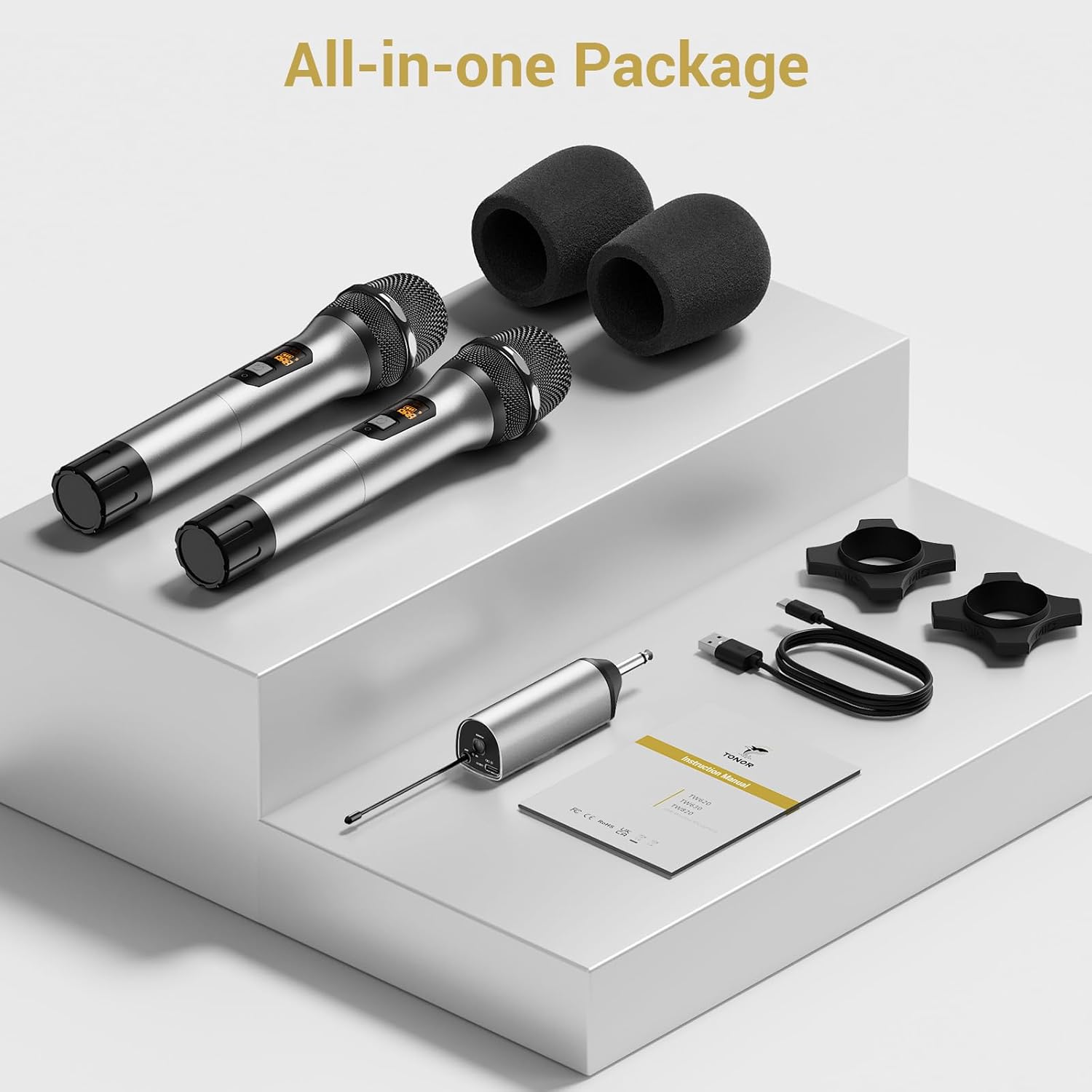 TONOR Wireless Microphone, 2 * 15 Channel Dual UHF Metal Cordless Handheld Mic System with Rechargeable Receiver, for Karaoke, Singing, Party, Wedding, DJ, Speech, 200ft, Silver, 2Mics - Image 9