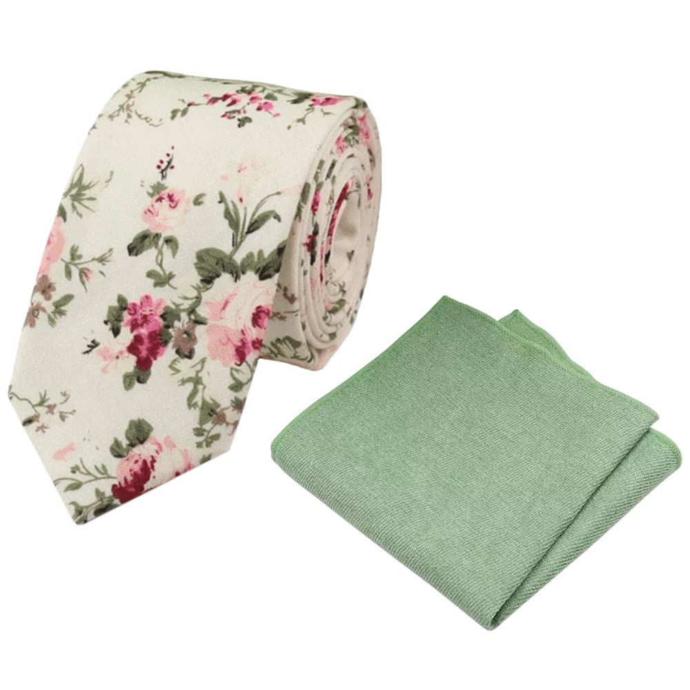 DB Dickie Bow Men's Floral Luxury Cotton Skinny Neck Tie & Pocket Square Set (Cream Floral & Sage Green) - suitable for formalwear, office, weddings, parties, grooms & groomsmen outfits