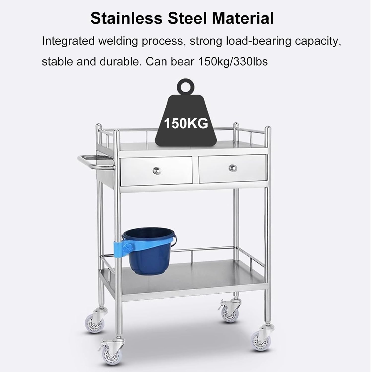Medical Carts with Wheels, 3 Layers Stainless Steel Lab Cart with Two Drawers, Serving Utility Cart with Dirt Bucket, for Use in Laboratories, Hospitals, Beauty Salons(One Color-60X40X86Cm)