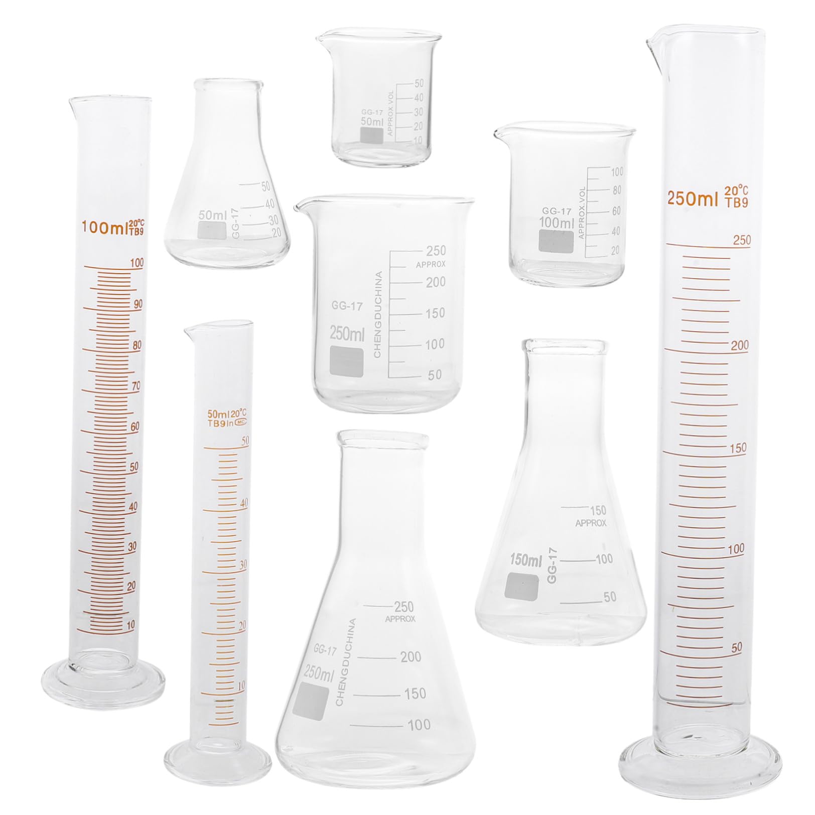 POPETPOP Kit di Vetreria da Laboratorio 9 Pezzi in Vetro Misurini Graduati, Bottiglie Coniche da 50ml a 250ml, senza Perdite Laterali, per Chimica e Progetti Sperimentali