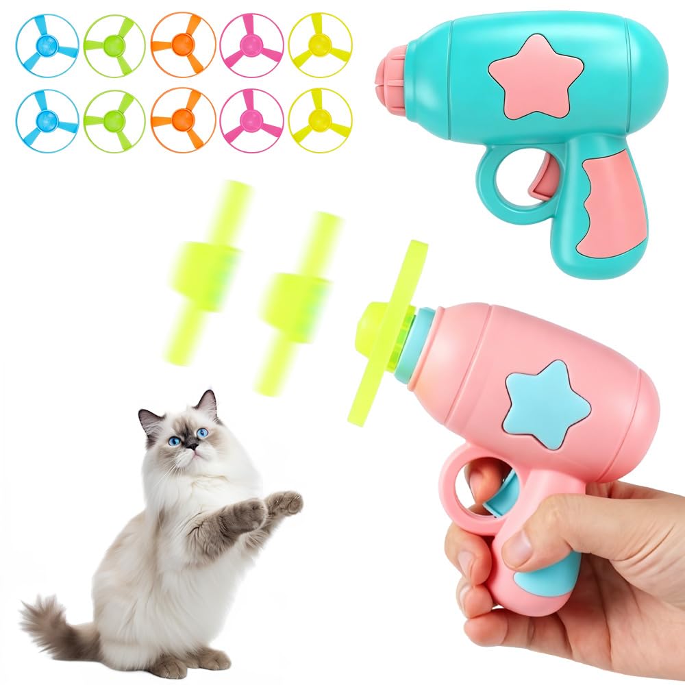 HIULLEN Flying Disc Launcher Toy, Interactive Cat Toy Include 2 Shooters and 10 Colourful Propellers, Chasing Flying Propeller Funny Toys for Indoor and Outdoor Chasing, Hunting and Exercise Training