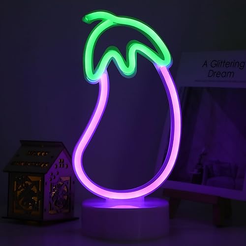 Miniatura 2 de ENUOLI Letrero de neón en forma de berenjena, letrero LED de neón de berenjena para dormitorio, luces de berenjena moradas, lámpara USB  funciona