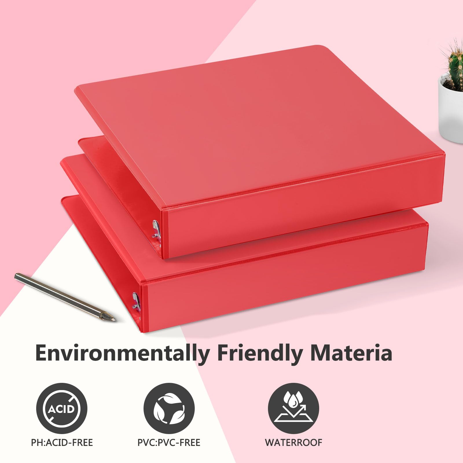 ViVin Robusto raccoglitore a 3 anelli da 3,8 cm con tasche, anello a D inclinato, senza PVC, personalizzabile, contiene 350 fogli di carta da 21,6 x 27,9 cm, confezione da 6 (rosso)