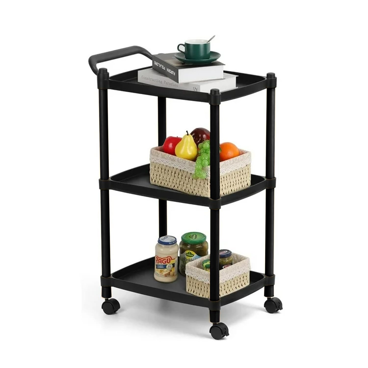 Avilia Carrello Portavivande da Cucina con 3 Ripiani e Ruote - 46x33x74 cm, Carrello Cucina Nero - Manico Ergonomico, Struttura in Polipropilene Resistente - Ideale per Cucina, Bagno e Ufficio