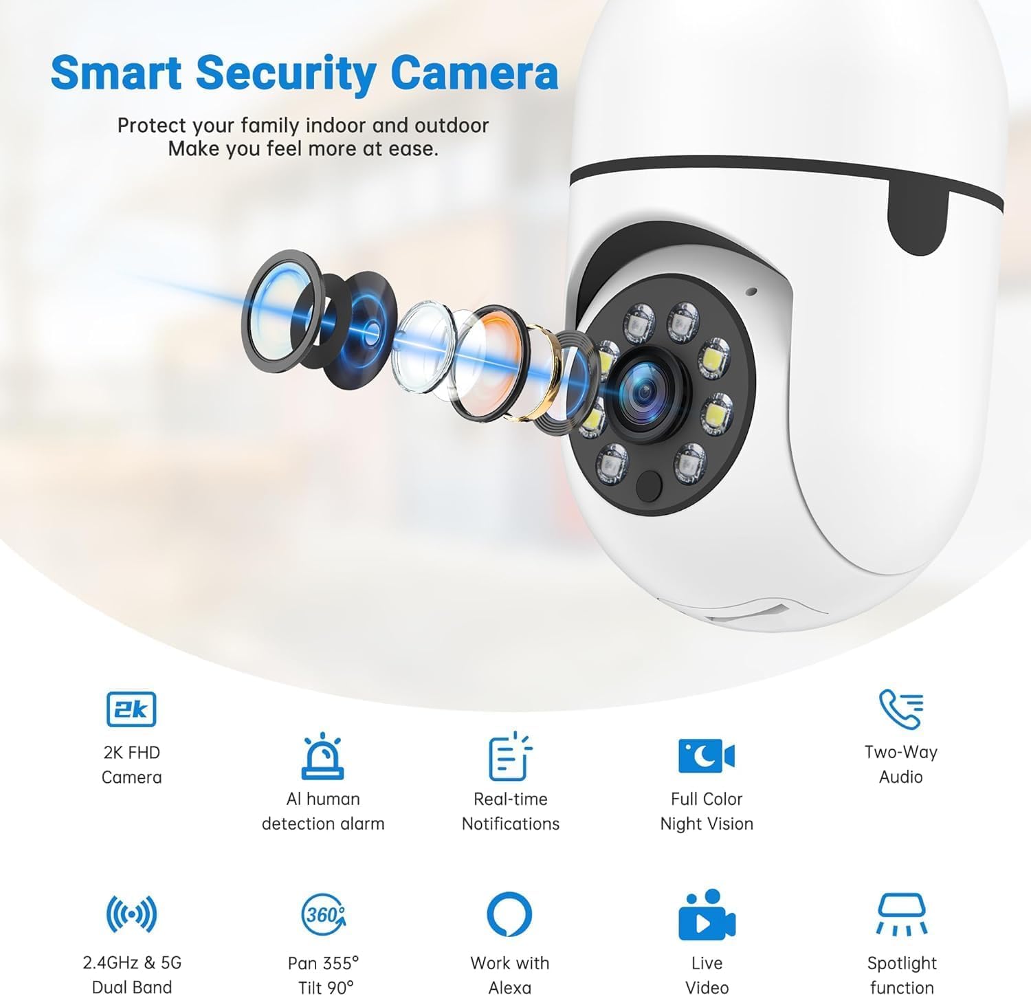 Light Bulb Security Camera, 5G& 2.4GHz WiFi Security Cameras Wireless Outdoor for Home Security, 2-Way Audio Color Night Vision, 2-in-1 Lightbulb Socket Camera Motion Detection Siren Alarm